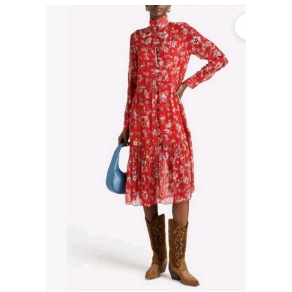 Rag & Bone Libby Floral Crepon Shirt Dress Midi Red As Seen On TV Size S